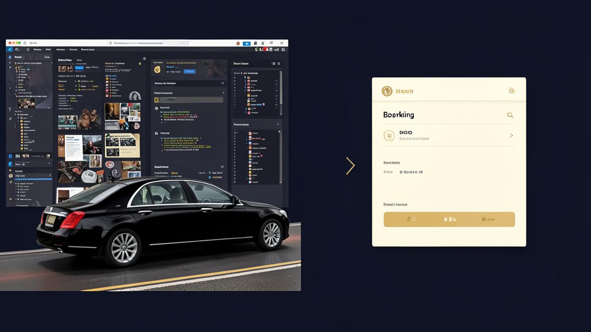 Black chauffeur sedan moving from a cluttered old software dashboard to a single clean booking dashboard