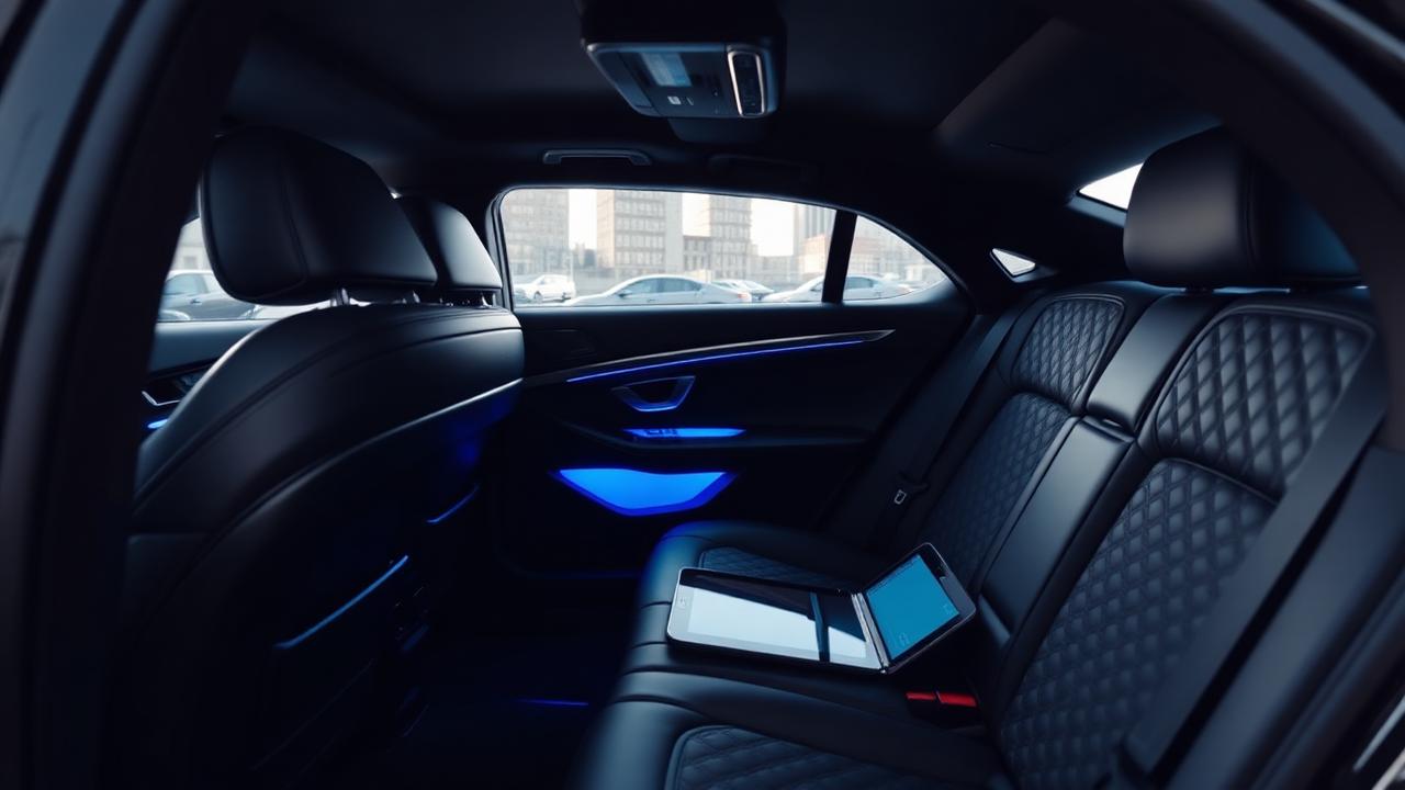 Interior of executive sedan with ambient blue light and leather seats