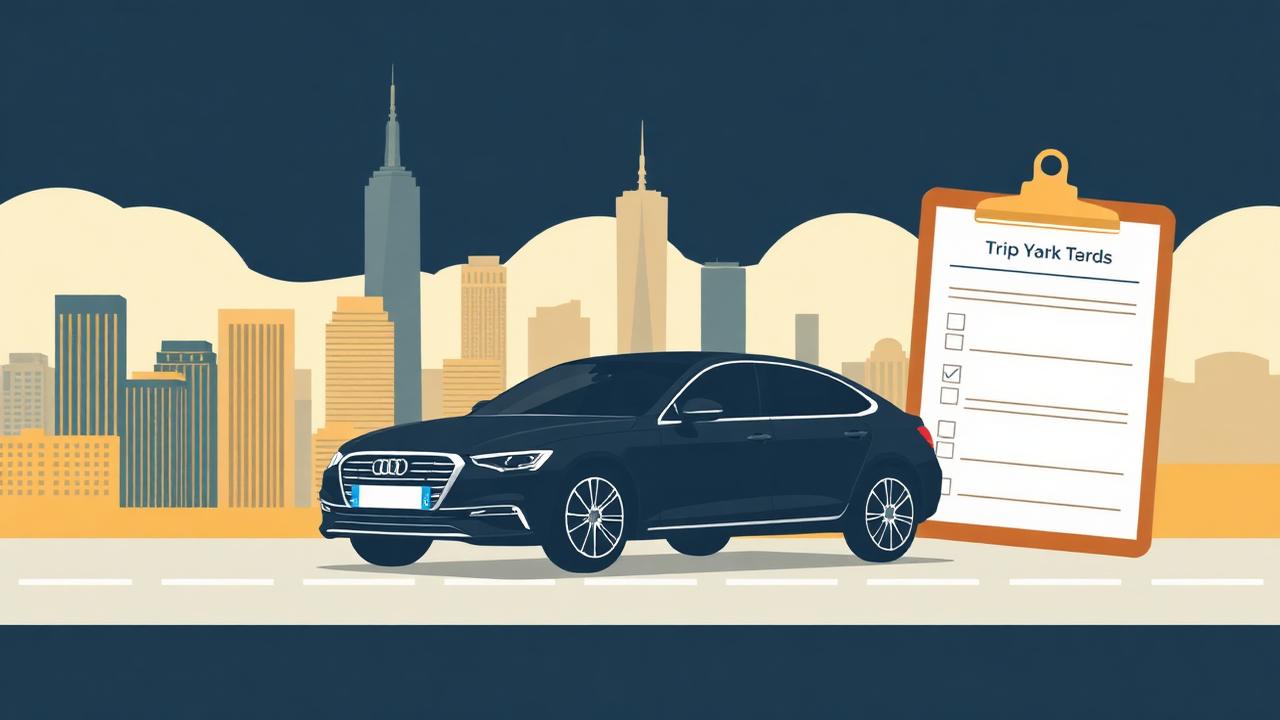 Illustration of a black car in front of the New York skyline next to a clipboard of trip records
