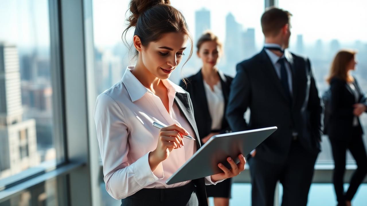 Business woman reviewing checklist tablet in modern office with city view