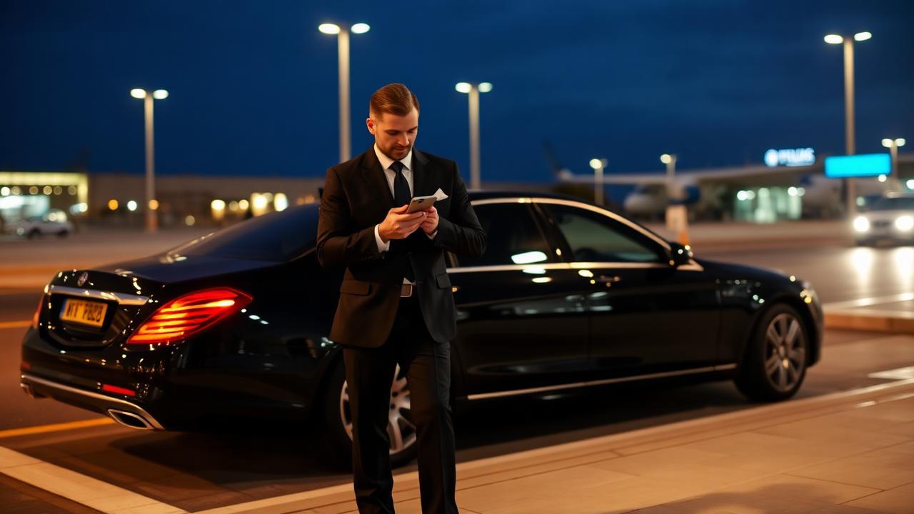 Chauffeur checking phone next to parked luxury sedan at airport curb at dusk
