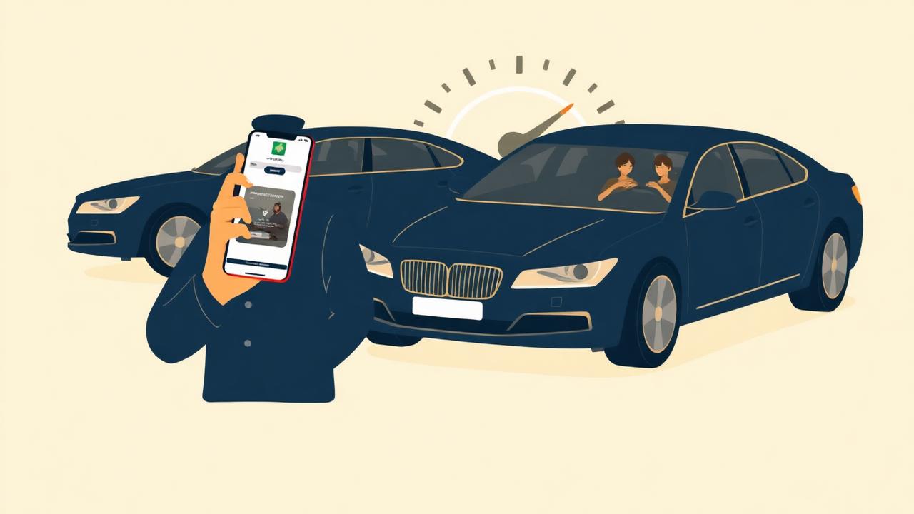 Illustration of a small fleet owner holding a driver app phone beside two chauffeur sedans