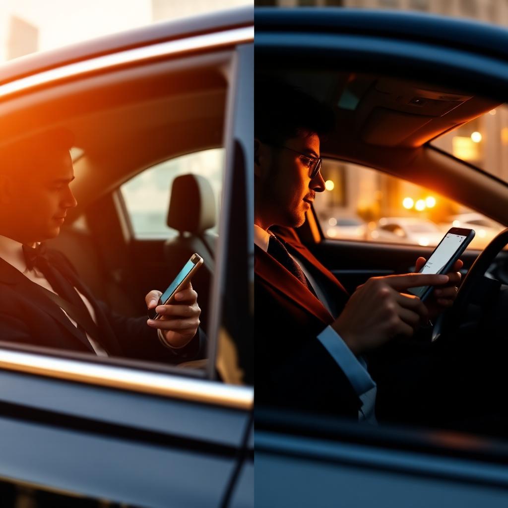 Split view of chauffeur using driver app and passenger booking a limo on a mobile app