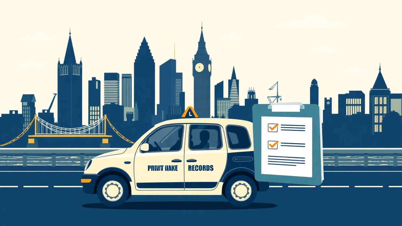 Illustration of a London private hire vehicle in front of the city skyline beside a records checklist