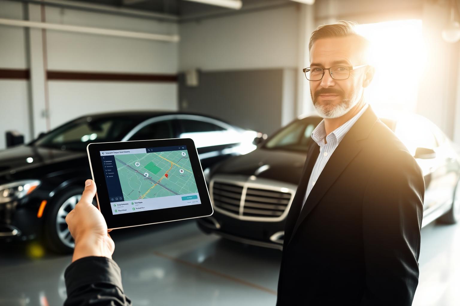 Small limo company owner holding a tablet showing a live web dispatch console beside two black executive sedans