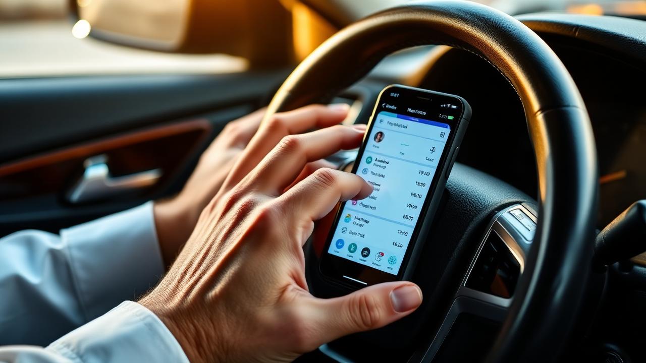 Close-up of driver hands on steering wheel with smartphone dispatch app