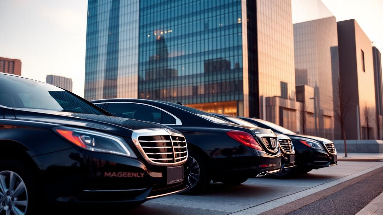 Row of black chauffeur cars lined up outside corporate skyscraper at dawn