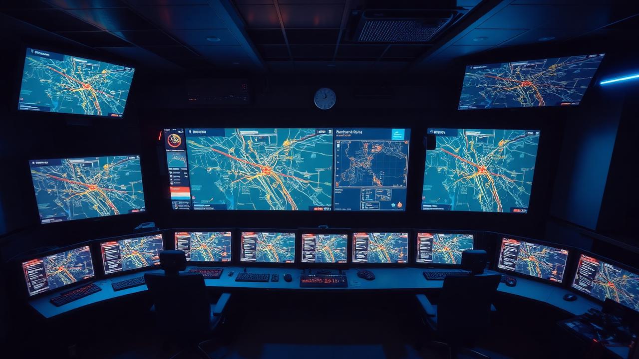 Fleet operations control room with map screens showing routes