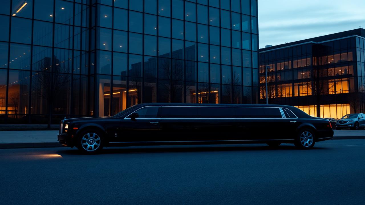 Long black stretch limousine parked next to modern glass office building at dusk
