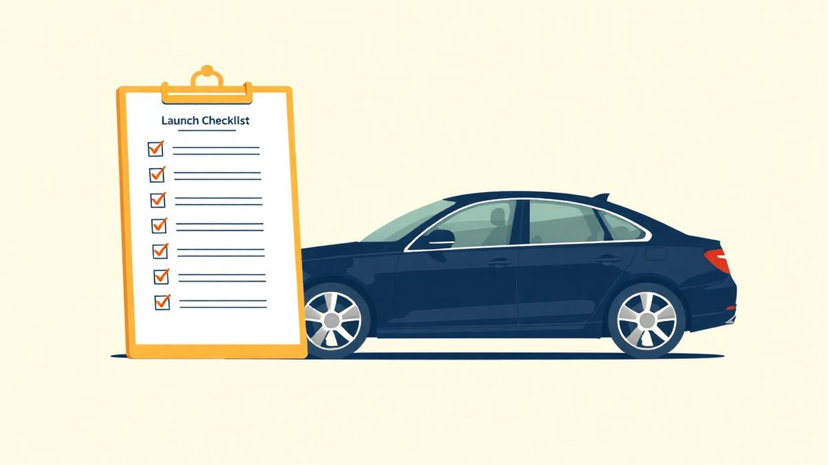 Illustration of a seven-day launch checklist clipboard beside a navy chauffeur sedan